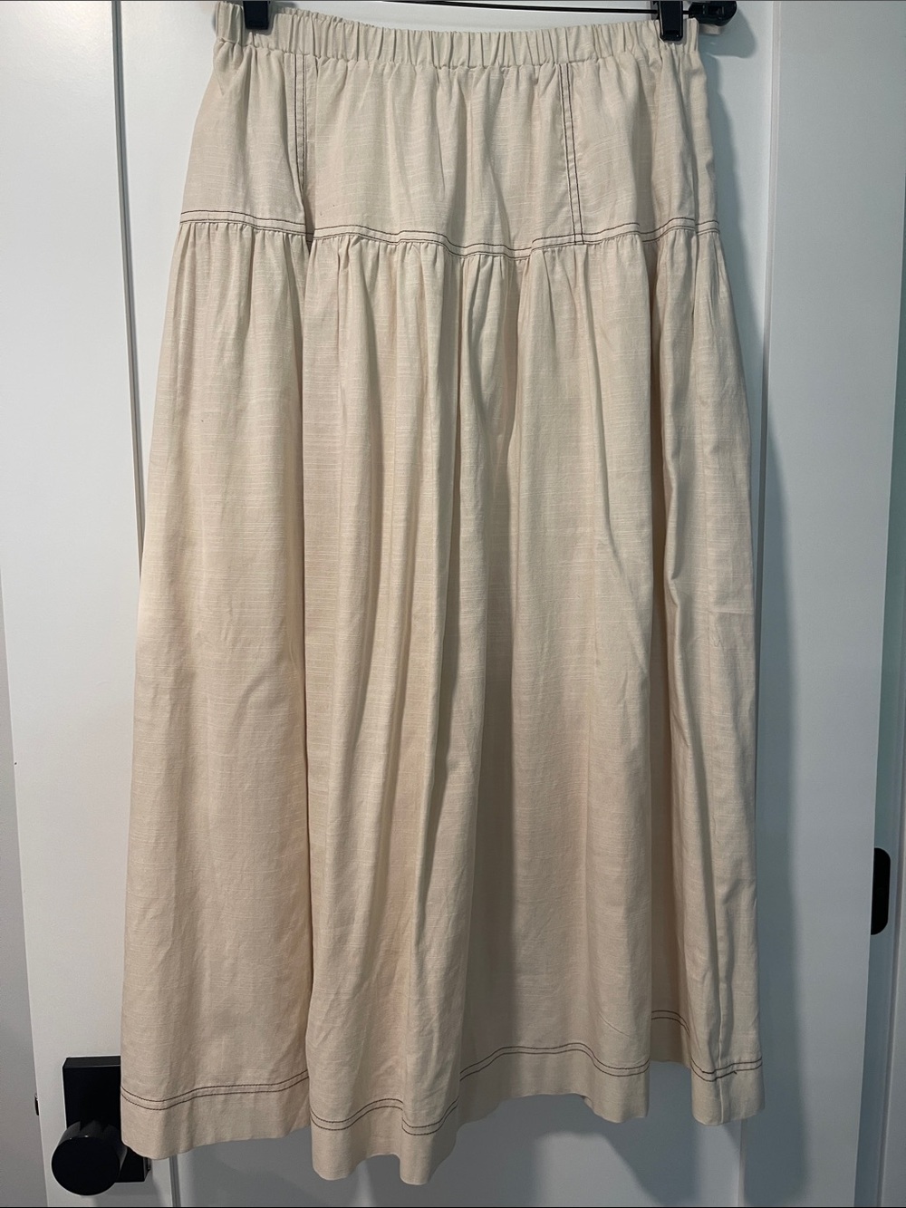 Neutral Cream Maxi Skirt with Gathered Waist Brown Stitching pockets